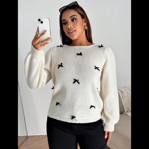 Coquette Ivory and Black Bows Bishop Sleeve Round Neck Sweater 1XL - Picture 1 of 10